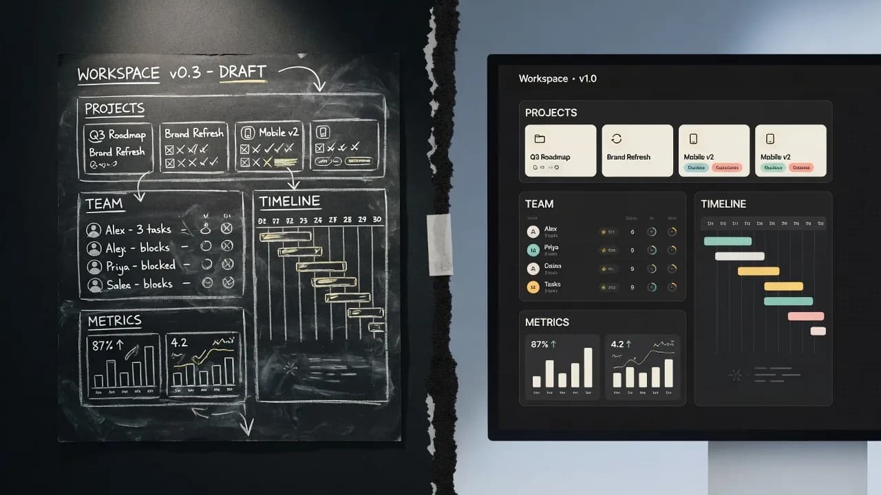 A chalkboard UI sketch of labelled boxes on the left, the same layout as a finished interface on the right.