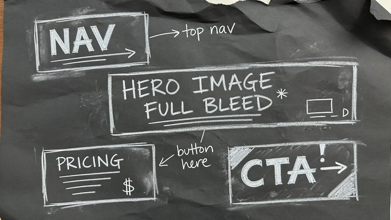 A close crop of a dark UI wireframe with handwritten labels inside the boxes: nav, hero, pricing, CTA.