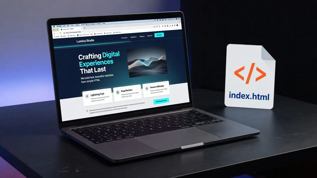 A laptop on a dark desk showing a finished landing page in a browser, with an HTML file beside it.