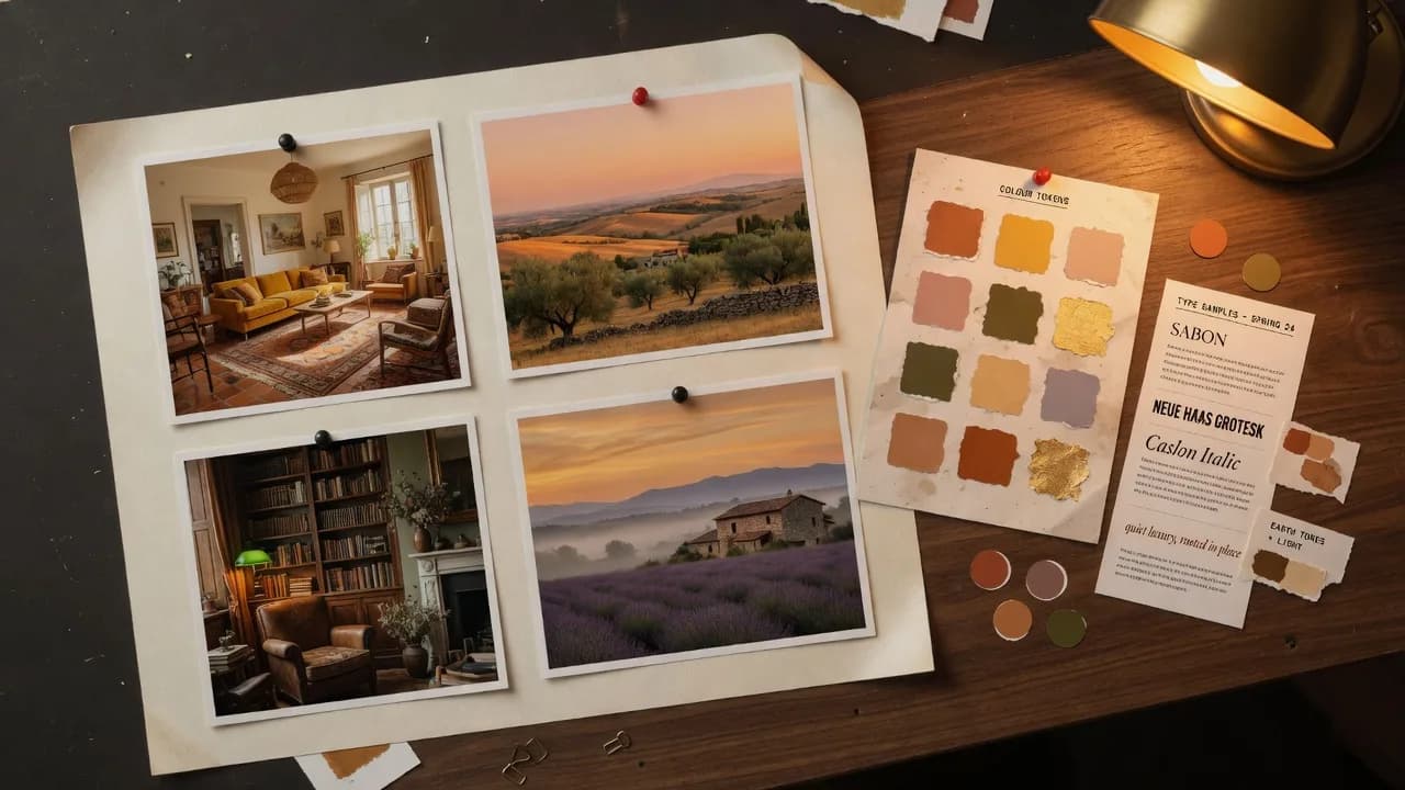 A physical mood board on a dark desk: reference photographs pinned beside colour tokens and type samples.